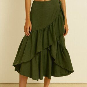 Zara Olive Green Ruffle Midi Skirt Size M Linen Blend Boho Romantic